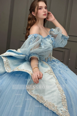 Misshow Sky Blue Ball Gown with Sweetheart Neckline Detachable Lantern Sleeves & 3D Floral Appliques Perfect for Quinceanera & Sweet 16 Celebrations