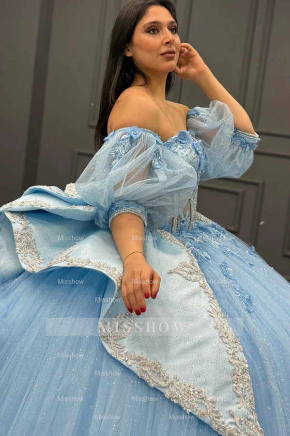 Misshow Sky Blue Ball Gown with Sweetheart Neckline Detachable Lantern Sleeves & 3D Floral Appliques Perfect for Quinceanera & Sweet 16 Celebrations