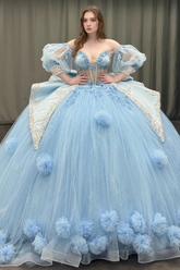 Misshow Sky Blue Ball Gown with Sweetheart Neckline Detachable Lantern Sleeves & 3D Floral Appliques Perfect for Quinceanera & Sweet 16 Celebrations