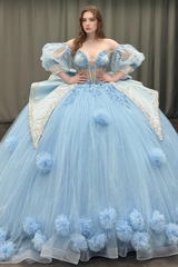 Misshow Sky Blue Ball Gown with Sweetheart Neckline Detachable Lantern Sleeves & 3D Floral Appliques Perfect for Quinceanera & Sweet 16 Celebrations