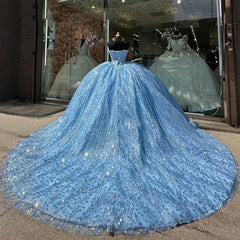 Misshow Sky Blue Beaded Ball Gown Strapless Sequined Tulle Quinceanera Dress for Sweet 16 & Princess Birthday Parties