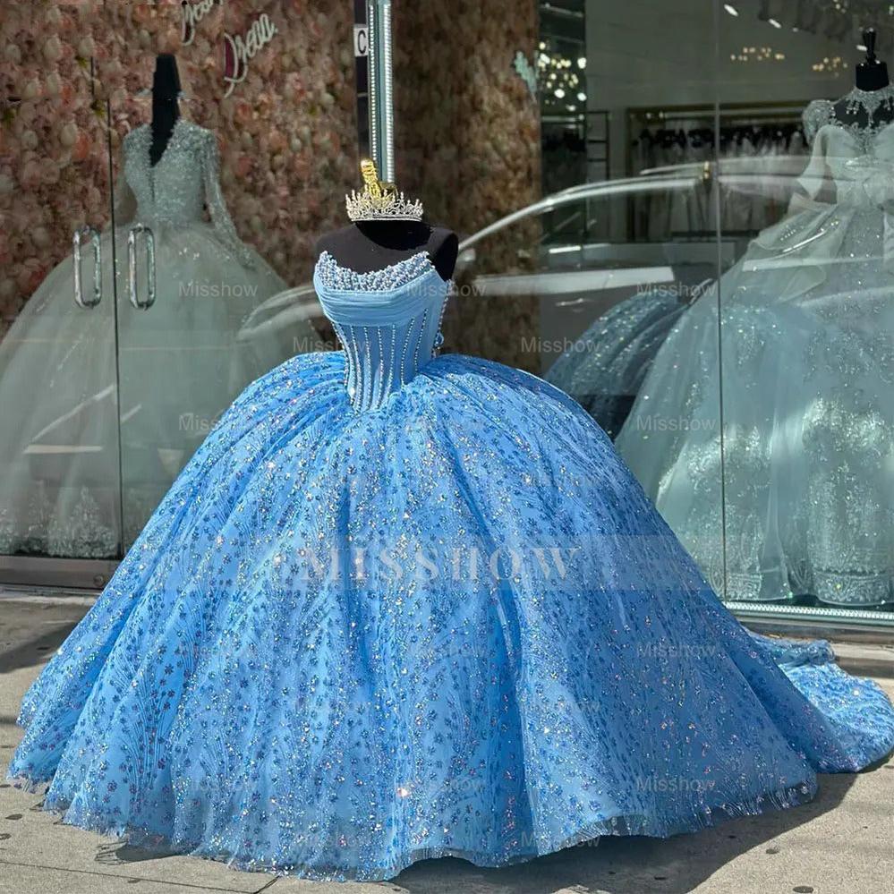 Misshow Sky Blue Beaded Ball Gown Strapless Sequined Tulle Quinceanera Dress for Sweet 16 & Princess Birthday Parties