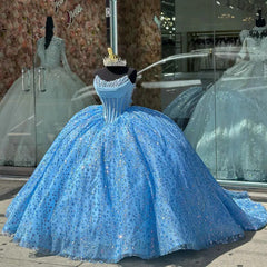 Misshow Sky Blue Beaded Ball Gown Strapless Sequined Tulle Quinceanera Dress for Sweet 16 & Princess Birthday Parties