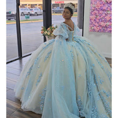 Misshow Sky Blue Off-Shoulder Ball Gown Sparkling Lace Applique & Beaded Tulle Quinceanera Dress for Sweet 16 & Princess Parties