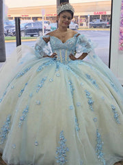 Misshow Sky Blue Off-Shoulder Ball Gown Sparkling Lace Applique & Beaded Tulle Quinceanera Dress for Sweet 16 & Princess Parties