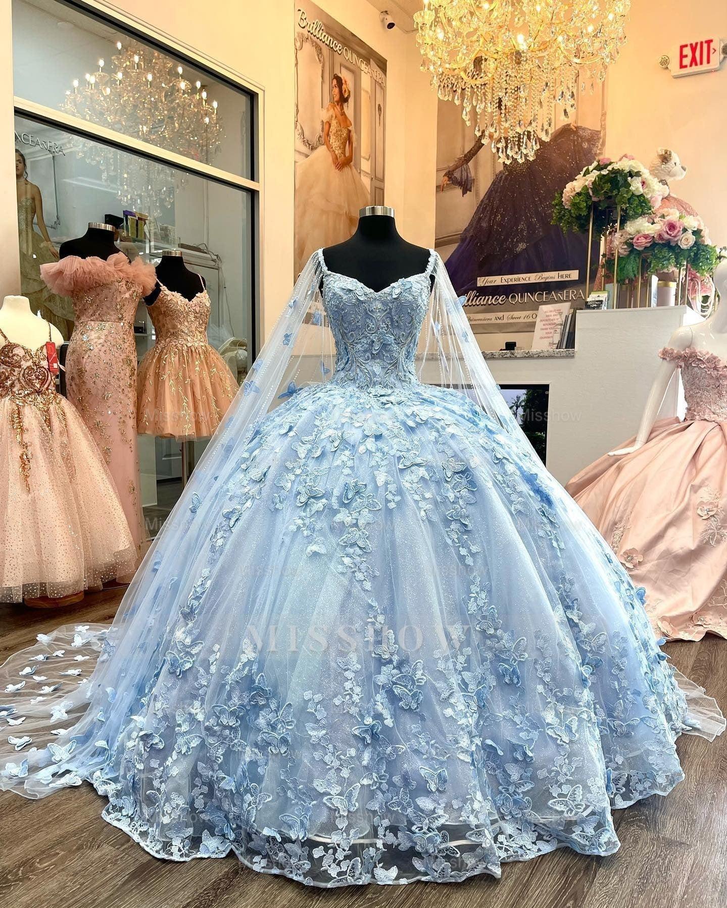 Misshow Sky Blue Off-Shoulder Ball Gown with 3D Butterfly Lace Applique Quinceanera & Princess Party Dress for Sweet 16