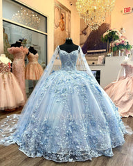 Misshow Sky Blue Off-Shoulder Ball Gown with 3D Butterfly Lace Applique Quinceanera & Princess Party Dress for Sweet 16