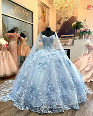 Misshow Sky Blue Off-Shoulder Ball Gown with 3D Butterfly Lace Applique Quinceanera & Princess Party Dress for Sweet 16