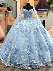 Misshow Sky Blue Off-Shoulder Ball Gown with 3D Butterfly Lace Applique Quinceanera & Princess Party Dress for Sweet 16