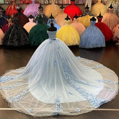 Misshow Sky Blue Off-Shoulder Ball Gown with 3D Floral Appliques & Sweep Train Perfect for Quinceanera & Sweet 16