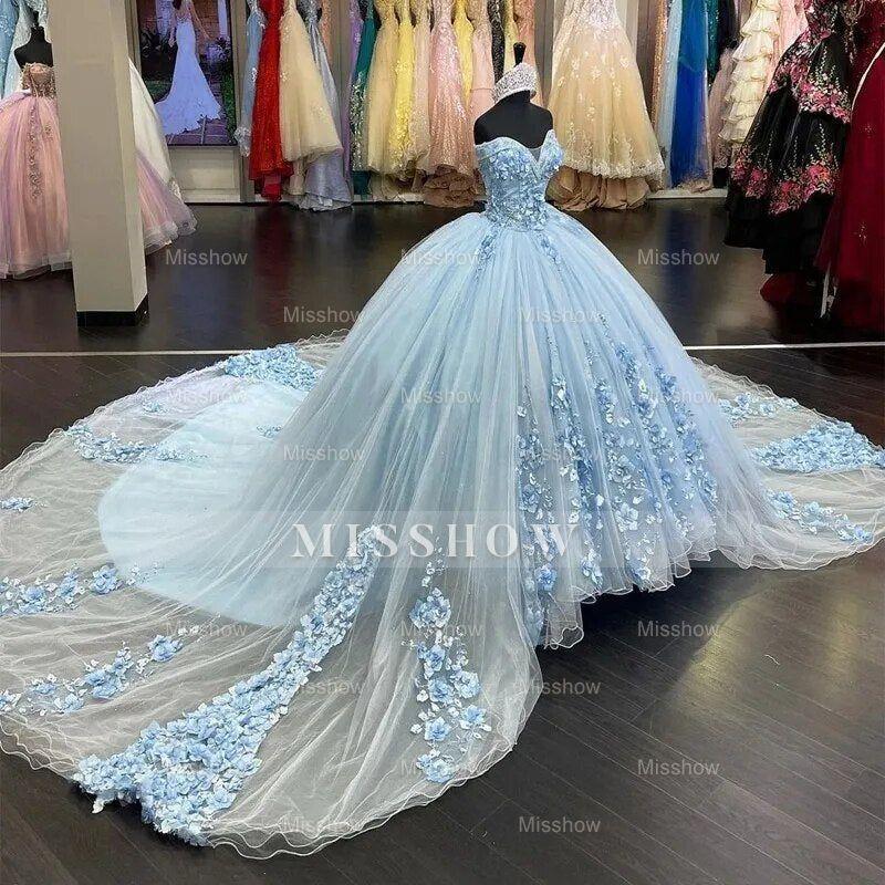 Misshow Sky Blue Off-Shoulder Ball Gown with 3D Floral Appliques & Sweep Train Perfect for Quinceanera & Sweet 16