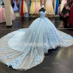 Misshow Sky Blue Off-Shoulder Ball Gown with 3D Floral Appliques & Sweep Train Perfect for Quinceanera & Sweet 16