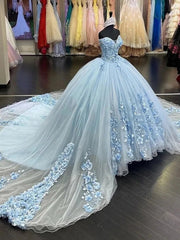 Misshow Sky Blue Off-Shoulder Ball Gown with 3D Floral Appliques & Sweep Train Perfect for Quinceanera & Sweet 16