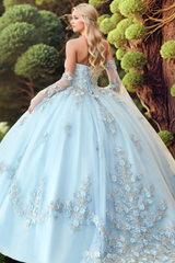 Misshow Sky Blue Quinceanera Dress Detachable Bell Sleeves & 3D Floral Lace-Up Ball Gown for Sweet 16 & Formal Events