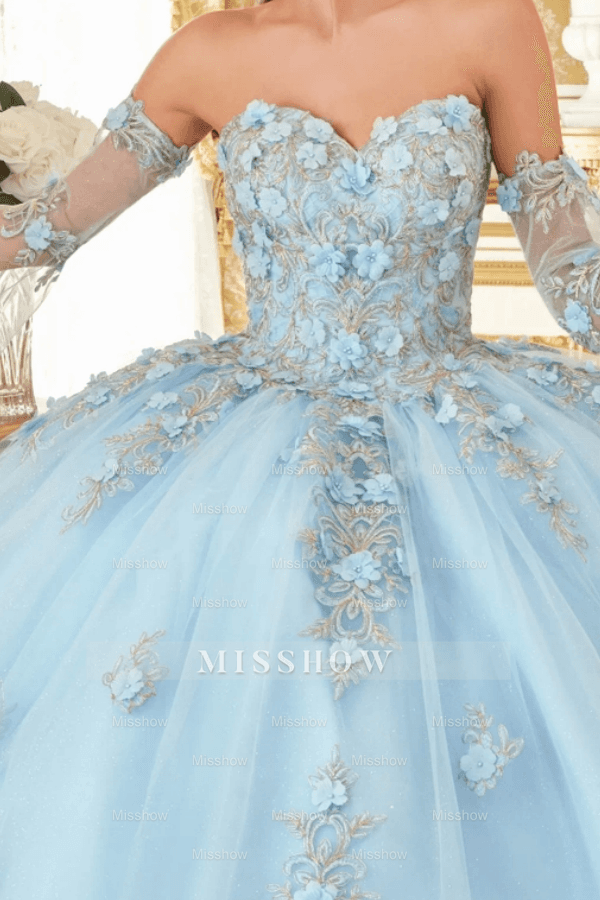 Misshow Sky Blue Quinceanera Dress Detachable Bell Sleeves & 3D Floral Lace-Up Ball Gown for Sweet 16 & Formal Events