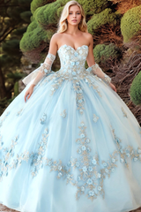 Misshow Sky Blue Quinceanera Dress Detachable Bell Sleeves & 3D Floral Lace-Up Ball Gown for Sweet 16 & Formal Events