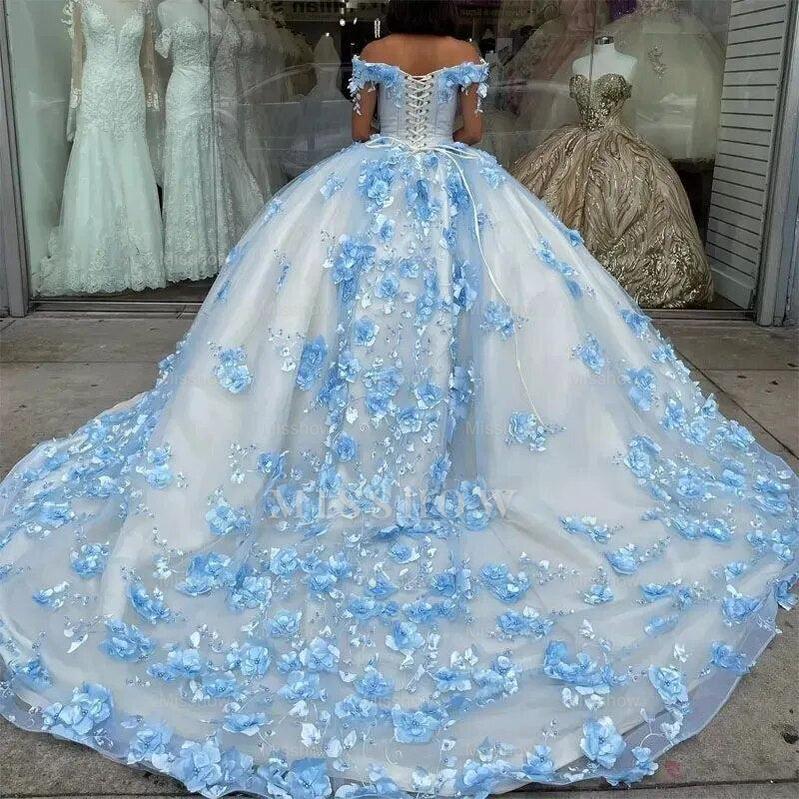 Misshow Sky Blue Quinceanera Dress Off-Shoulder Ball Gown with 3D Floral Appliques Beaded Details & Long Train for Sweet 16 or Prom