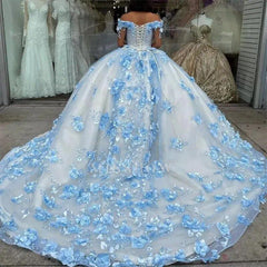Misshow Sky Blue Quinceanera Dress Off-Shoulder Ball Gown with 3D Floral Appliques Beaded Details & Long Train for Sweet 16 or Prom