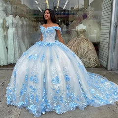 Misshow Sky Blue Quinceanera Dress Off-Shoulder Ball Gown with 3D Floral Appliques Beaded Details & Long Train for Sweet 16 or Prom