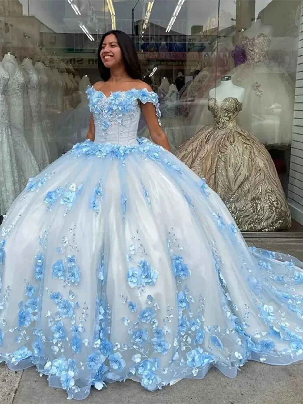Misshow Sky Blue Quinceanera Dress Off-Shoulder Ball Gown with 3D Floral Appliques Beaded Details & Long Train for Sweet 16 or Prom