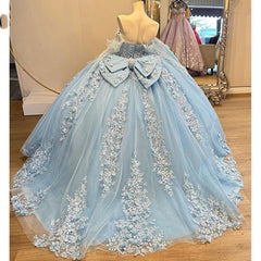 Misshow Sky Blue Quinceanera Dress Off-Shoulder Ball Gown with 3D Floral Lace & Beaded Detailing for Sweet 16 & Birthday Celebrations