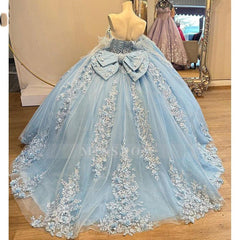 Misshow Sky Blue Quinceanera Dress Off-Shoulder Ball Gown with 3D Floral Lace & Beaded Detailing for Sweet 16 & Birthday Celebrations