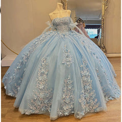 Misshow Sky Blue Quinceanera Dress Off-Shoulder Ball Gown with 3D Floral Lace & Beaded Detailing for Sweet 16 & Birthday Celebrations