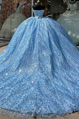 Misshow Sky Blue Quinceanera Dress Sparkling Beaded Ball Gown with Lace Appliques & Sweep Train for Sweet 16 & Formal Events