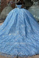 Misshow Sky Blue Quinceanera Dress Sparkling Beaded Ball Gown with Lace Appliques & Sweep Train for Sweet 16 & Formal Events