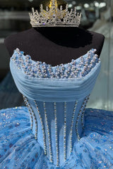 Misshow Sky Blue Quinceanera Dress Sparkling Beaded Ball Gown with Lace Appliques & Sweep Train for Sweet 16 & Formal Events