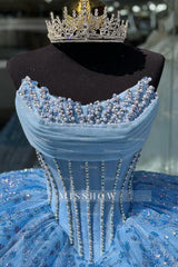 Misshow Sky Blue Quinceanera Dress Sparkling Beaded Ball Gown with Lace Appliques & Sweep Train for Sweet 16 & Formal Events