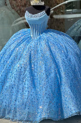 Misshow Sky Blue Quinceanera Dress Sparkling Beaded Ball Gown with Lace Appliques & Sweep Train for Sweet 16 & Formal Events