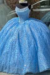 Misshow Sky Blue Quinceanera Dress Sparkling Beaded Ball Gown with Lace Appliques & Sweep Train for Sweet 16 & Formal Events
