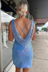 Misshow Sky Blue Sequins Sheath Homecoming Dress/Mini Dress with Split Front