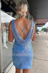 Misshow Sky Blue Sequins Sheath Homecoming Dress/Mini Dress with Split Front