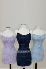 Misshow Sky Blue Short Tight Homecoming Dress/Mini Dress with Lace Beading