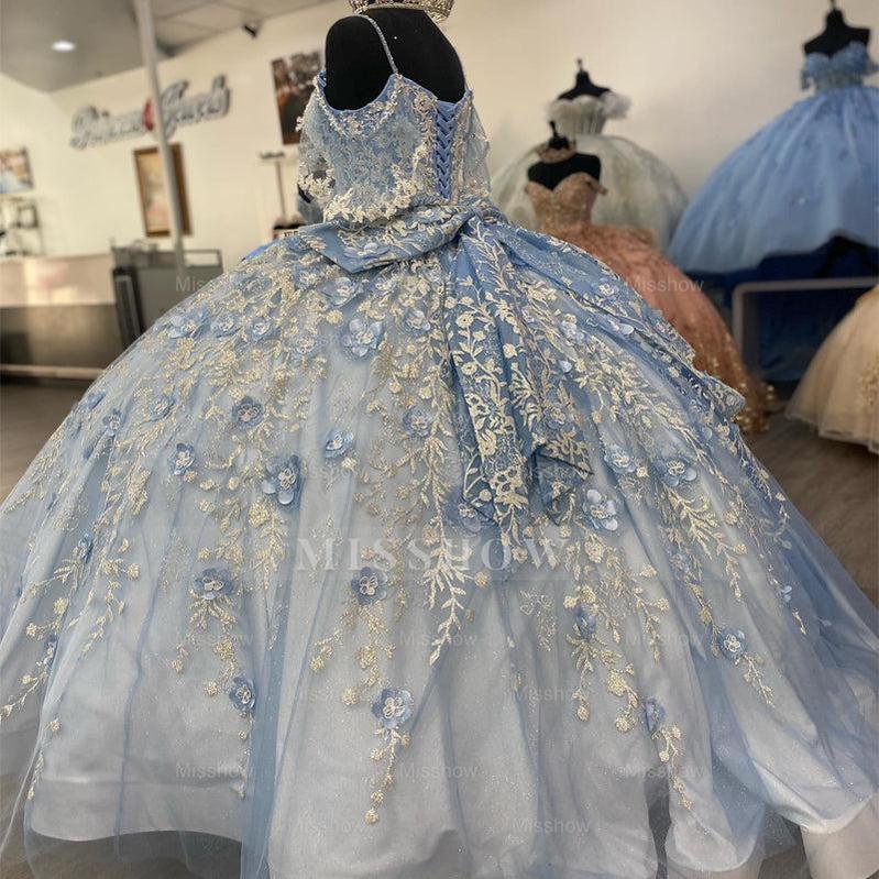 Misshow Sky Blue Tulle Princess Ball Gown V-Neck Spaghetti Straps Floral Appliques & Beaded Lace-Up for Quinceanera or Sweet 16
