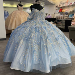 Misshow Sky Blue Tulle Princess Ball Gown V-Neck Spaghetti Straps Floral Appliques & Beaded Lace-Up for Quinceanera or Sweet 16