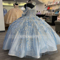 Misshow Sky Blue Tulle Princess Ball Gown V-Neck Spaghetti Straps Floral Appliques & Beaded Lace-Up for Quinceanera or Sweet 16