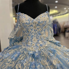 Misshow Sky Blue Tulle Princess Ball Gown V-Neck Spaghetti Straps Floral Appliques & Beaded Lace-Up for Quinceanera or Sweet 16