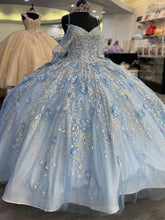 Misshow Sky Blue Tulle Princess Ball Gown V-Neck Spaghetti Straps Floral Appliques & Beaded Lace-Up for Quinceanera or Sweet 16