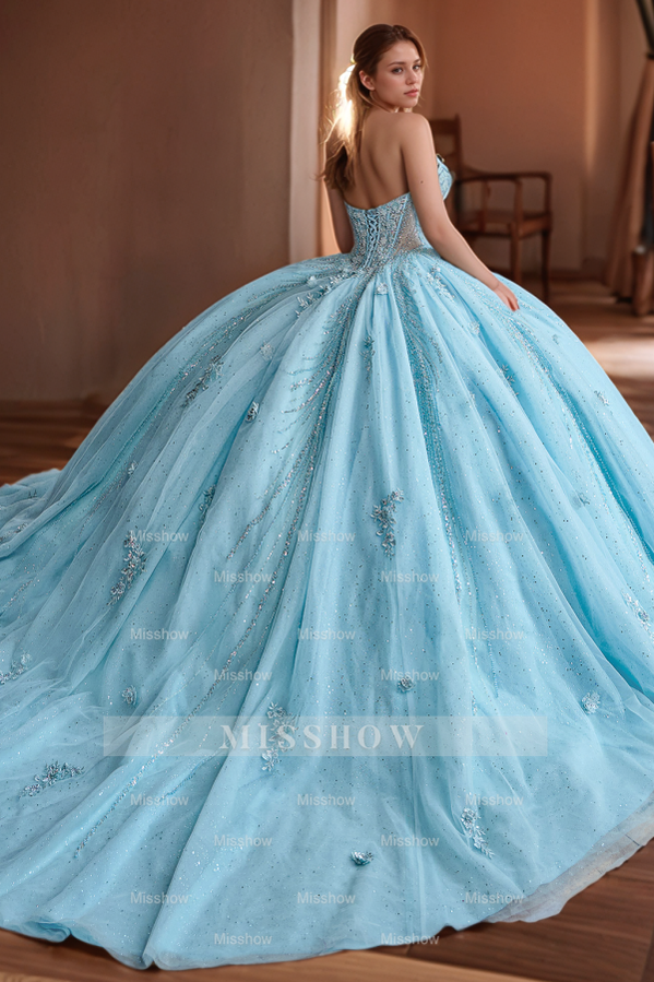 Misshow Sky Blue Tulle Quinceanera Dress Strapless Ball Gown with Floral Appliques & Train for Sweet 16 & Formal Evenings