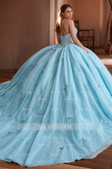 Misshow Sky Blue Tulle Quinceanera Dress Strapless Ball Gown with Floral Appliques & Train for Sweet 16 & Formal Evenings