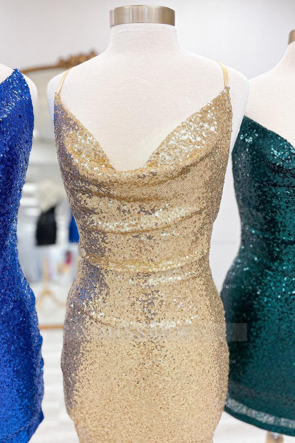 Misshow Spaghetti Straps Golden Bodycon Short Homecoming Dress/Mini Dress with Sequins