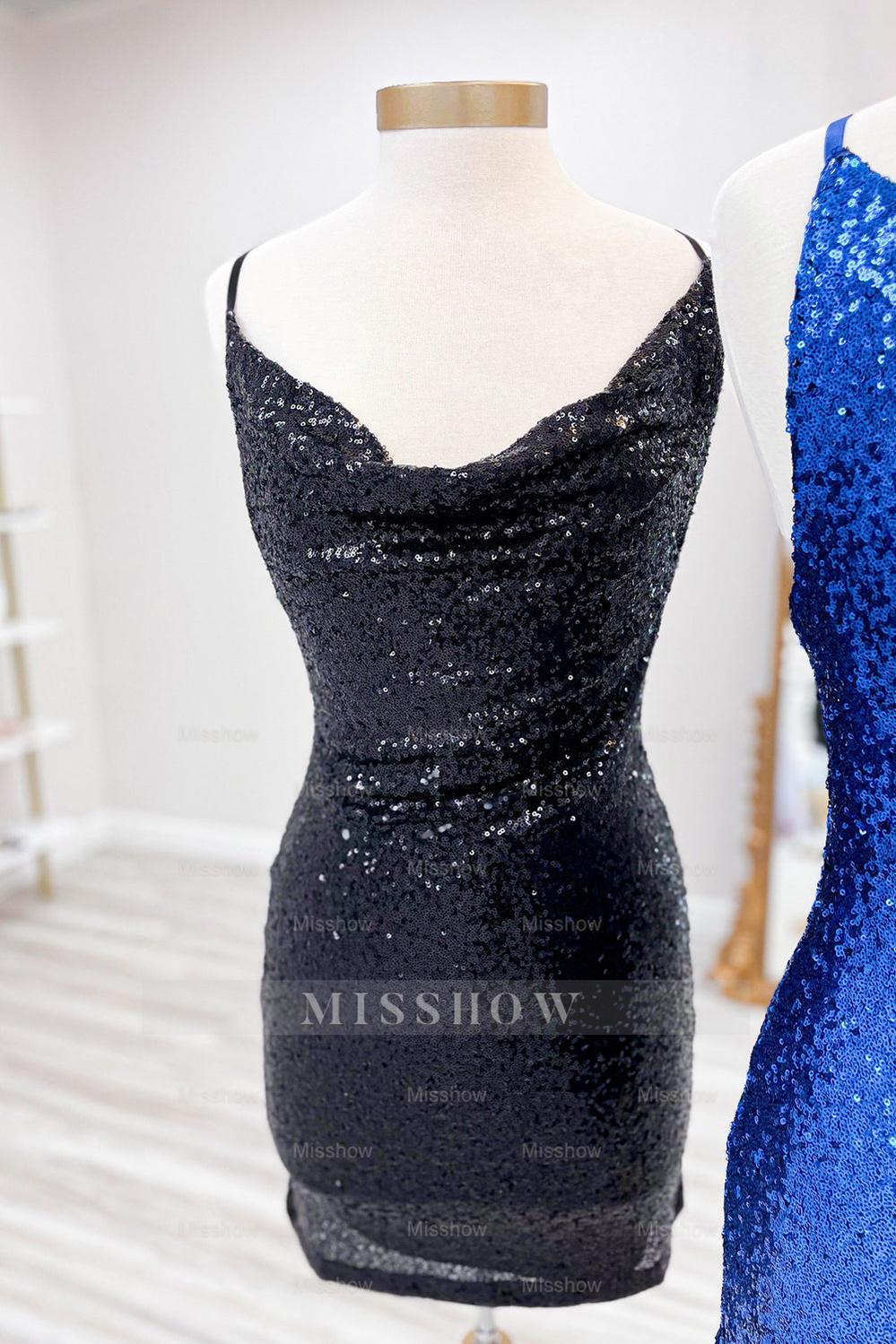 Misshow Spaghetti Straps Golden Bodycon Short Homecoming Dress/Mini Dress with Sequins