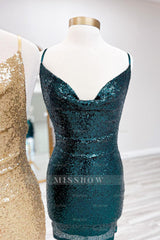 Misshow Spaghetti Straps Golden Bodycon Short Homecoming Dress/Mini Dress with Sequins