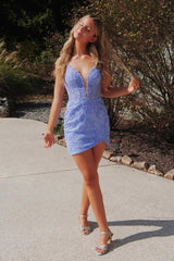 Misshow Spaghetti Straps Lilac Bodycon Short Homecoming Dress/Mini Dress with Appliques