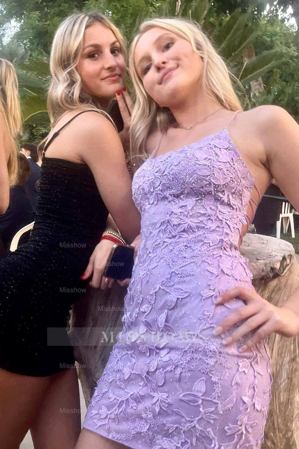 Misshow Spaghetti Straps Purple Tight Short Homecoming Dress/Mini Dress with Appliques