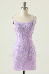 Misshow Spaghetti Straps Purple Tight Short Homecoming Dress/Mini Dress with Appliques