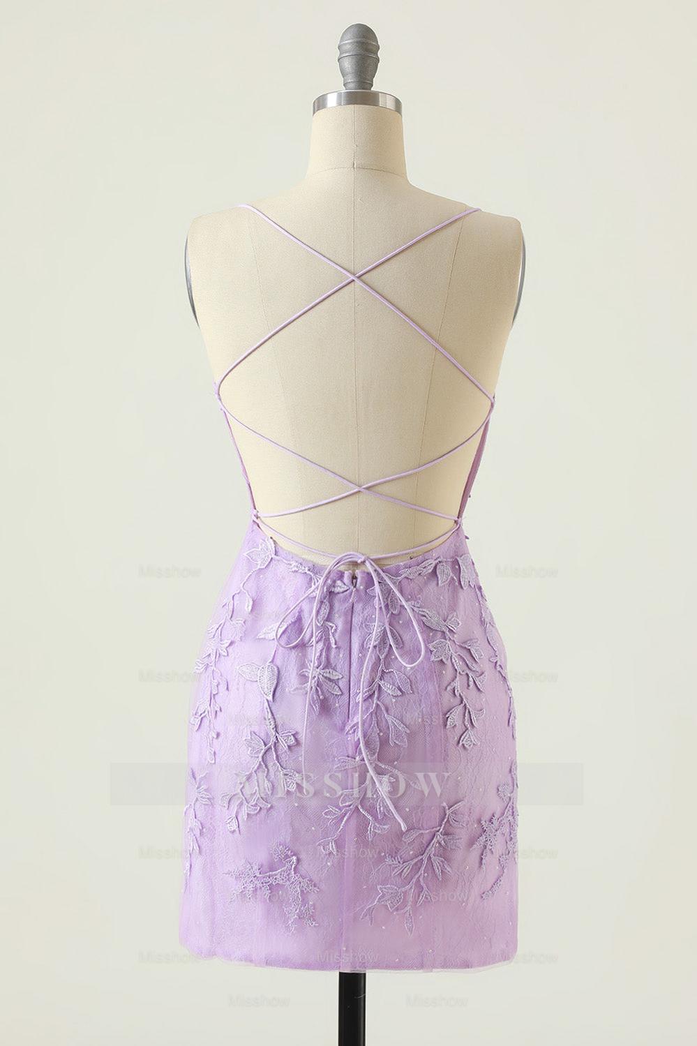 Misshow Spaghetti Straps Purple Tight Short Homecoming Dress/Mini Dress with Appliques